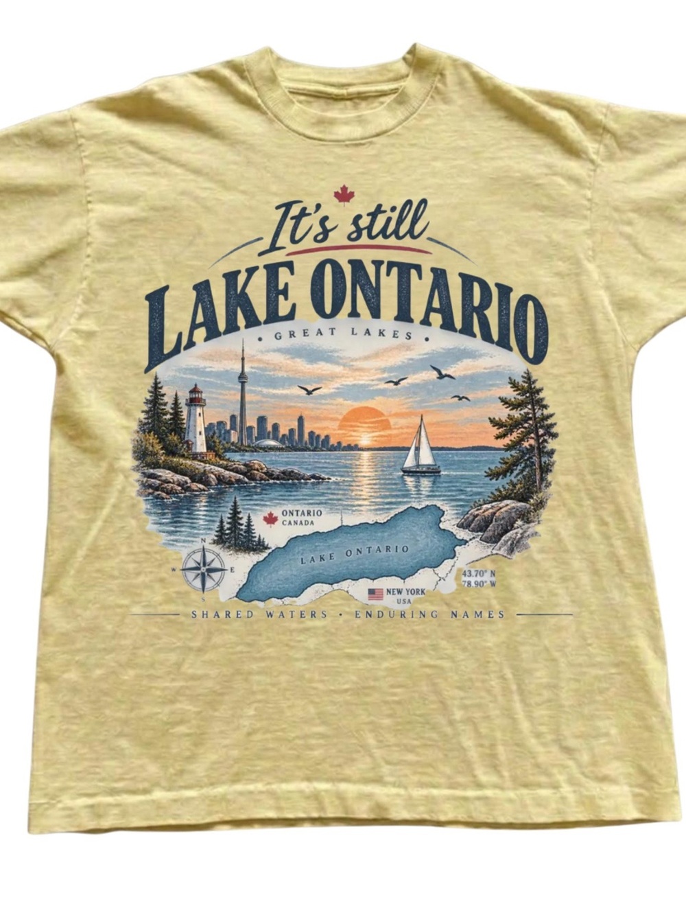 Lake Ontario Graphic Tee - Yellow Crew Neck, Gift For Her, For Him